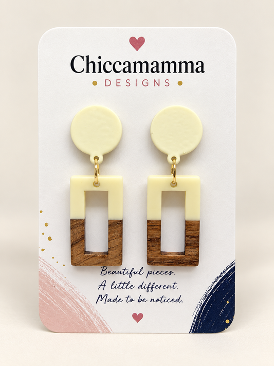 Cream & Wood Geometric Drop Earrings