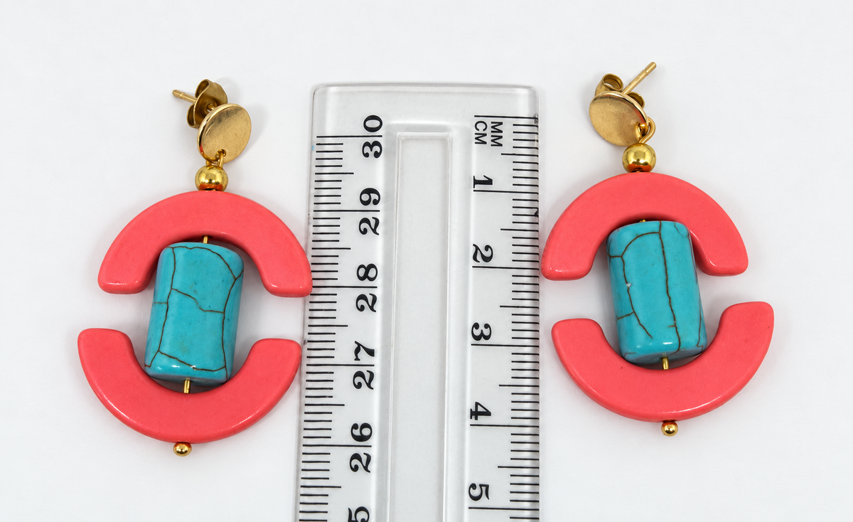 Coral Pink & Turquoise Blue Geometric Drop Earrings