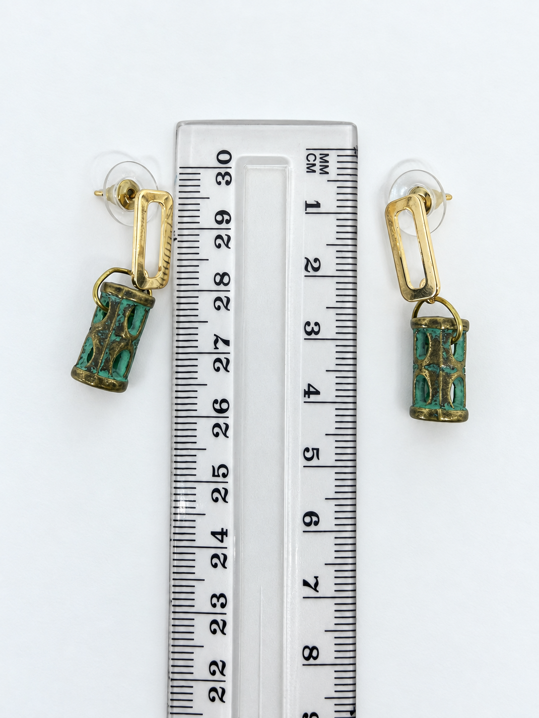Green & Antique Gold-Tone Cylinder Drop Earrings