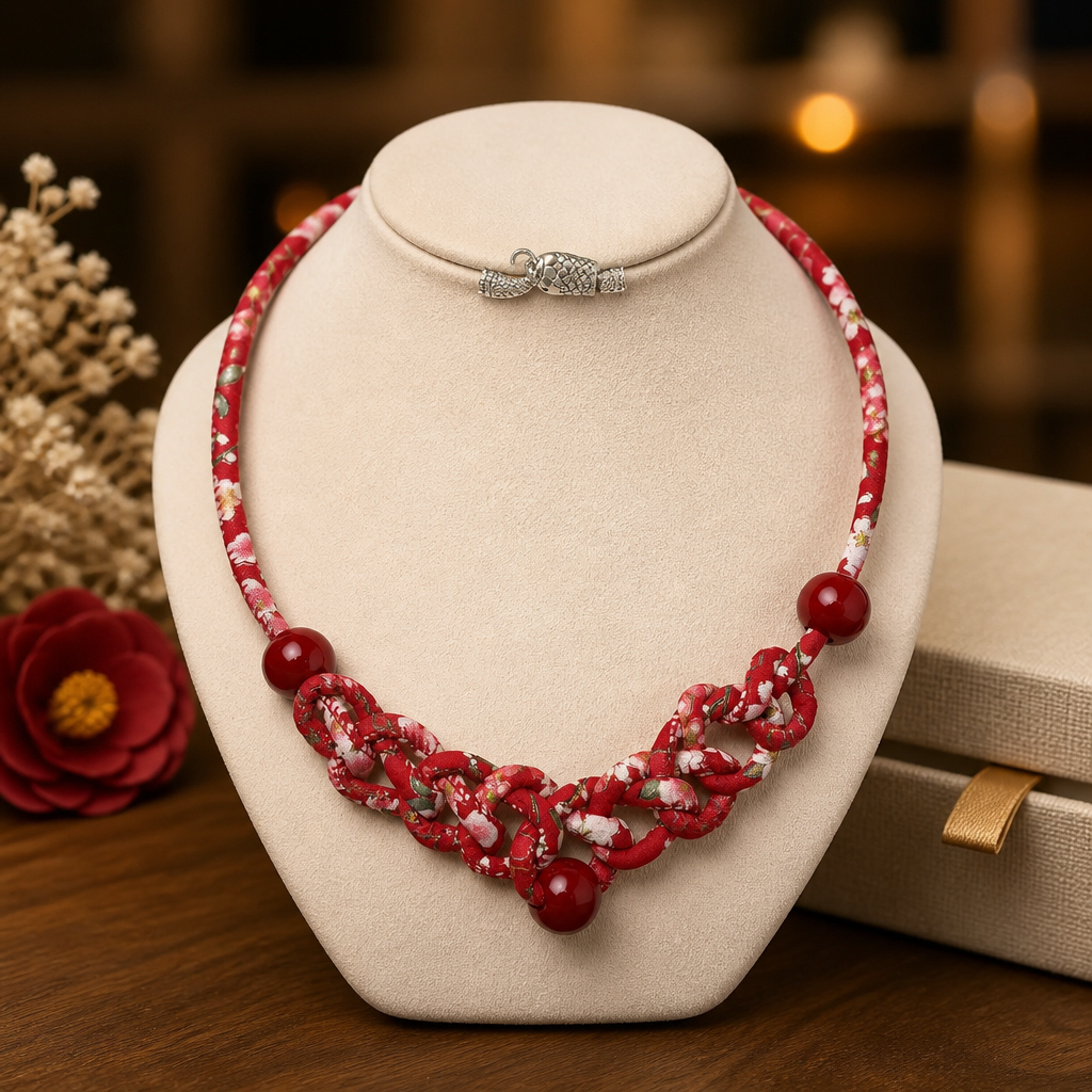 Handmade red braided statement necklace with bold beads and artistic knots. Lightweight, vibrant, and designed to add instant personality to any outfit.