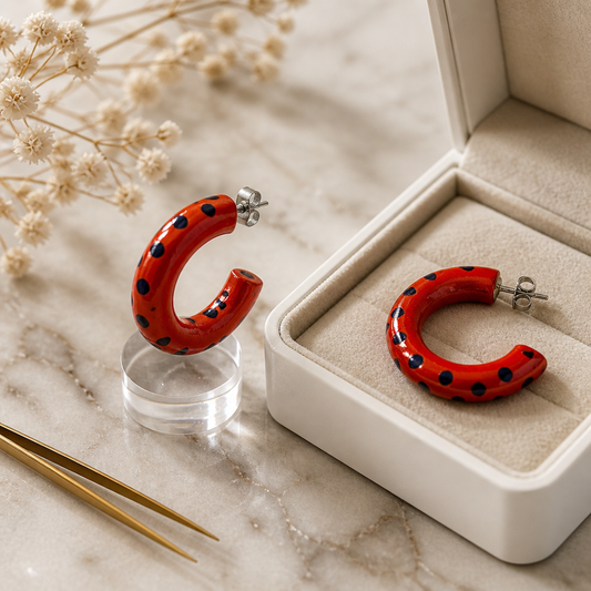 Handpainted wooden hoop earrings - red and navy