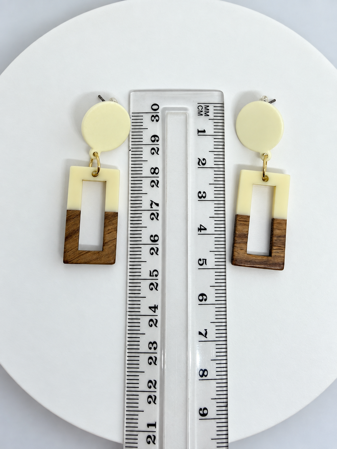 Cream & Wood Geometric Drop Earrings
