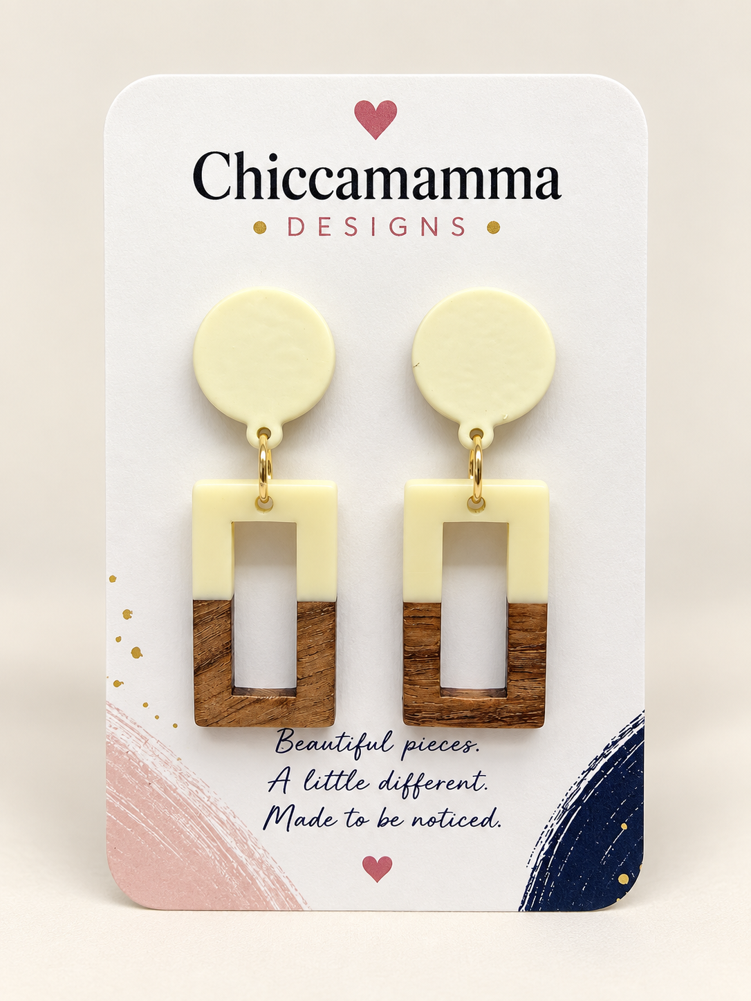 Cream & Wood Geometric Drop Earrings