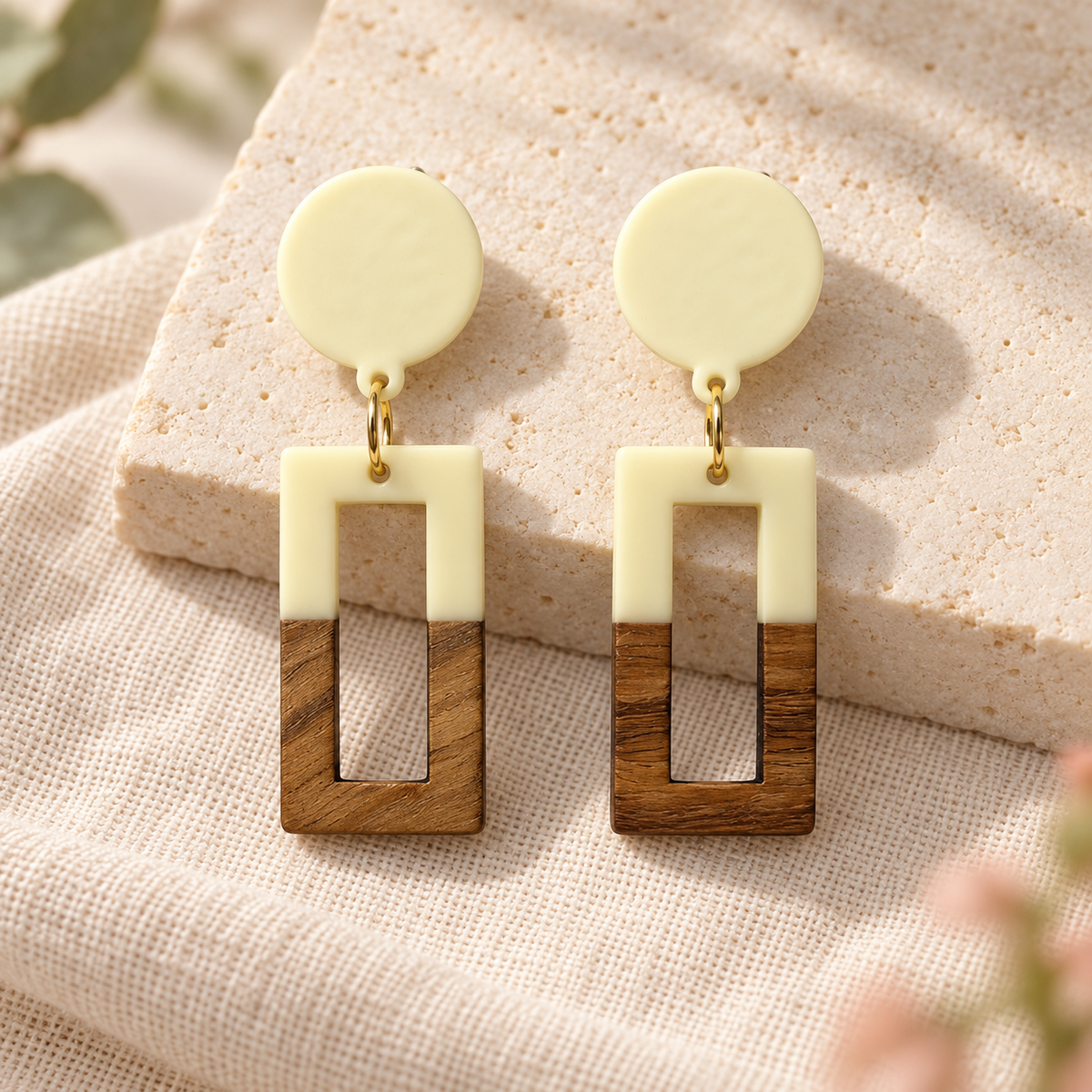 Cream & Wood Geometric Drop Earrings