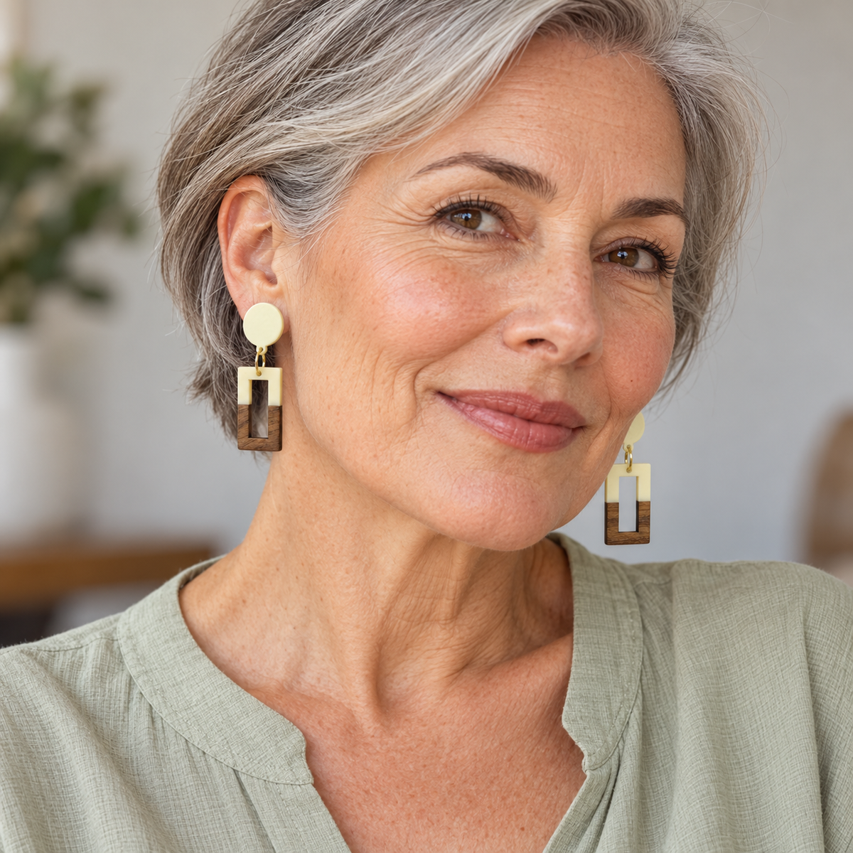 Cream & Wood Geometric Drop Earrings