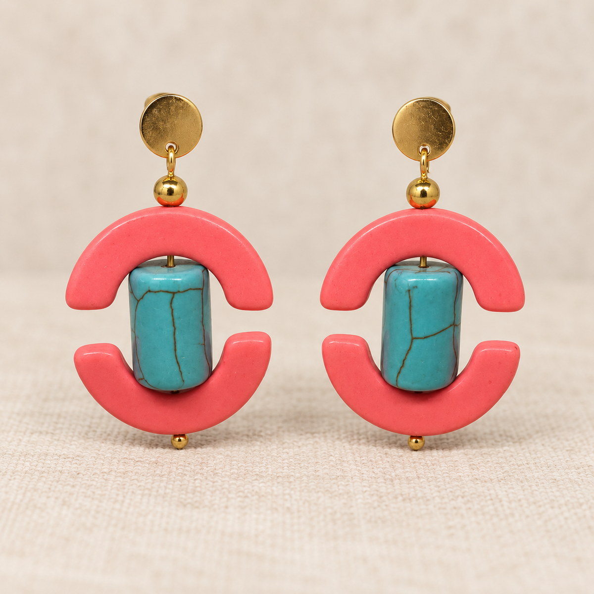 Coral Pink & Turquoise Blue Geometric Drop Earrings