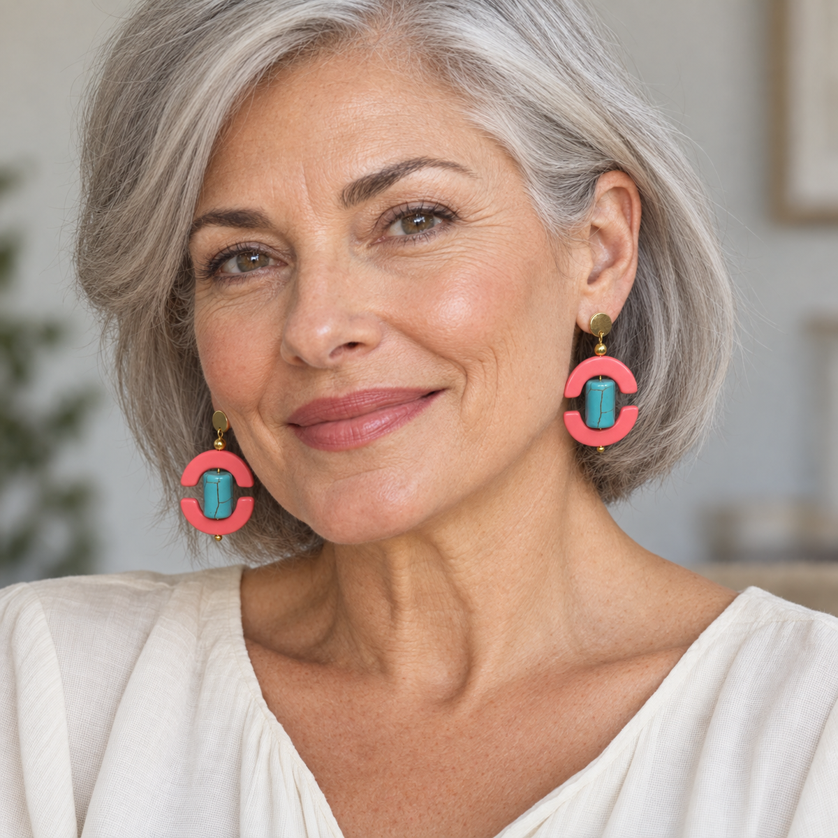 Coral Pink & Turquoise Blue Geometric Drop Earrings