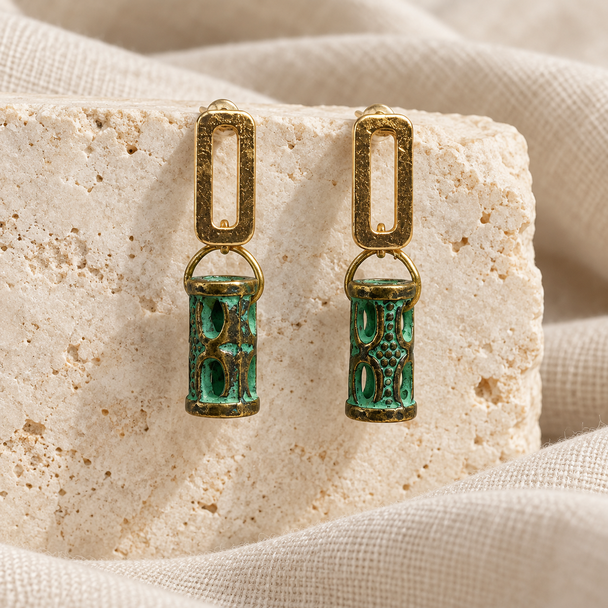 Green & Antique Gold-Tone Cylinder Drop Earrings