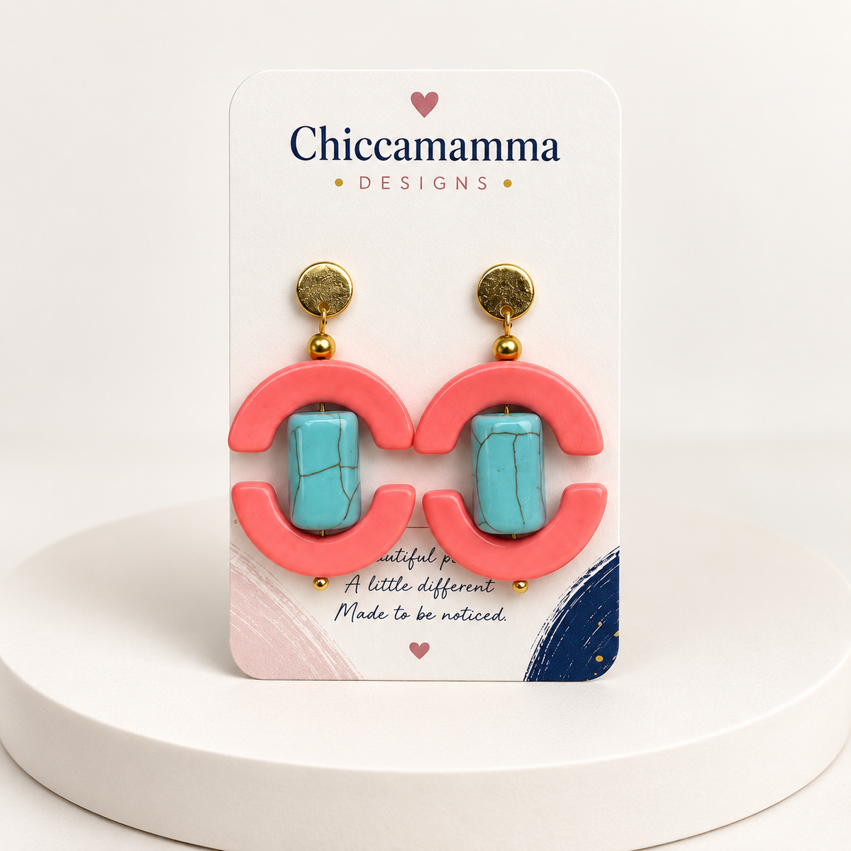 Coral Pink & Turquoise Blue Geometric Drop Earrings