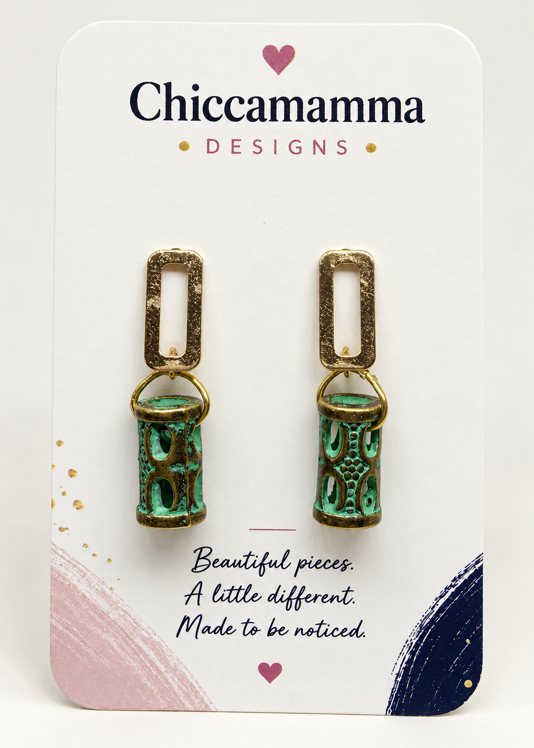 Green & Antique Gold-Tone Cylinder Drop Earrings