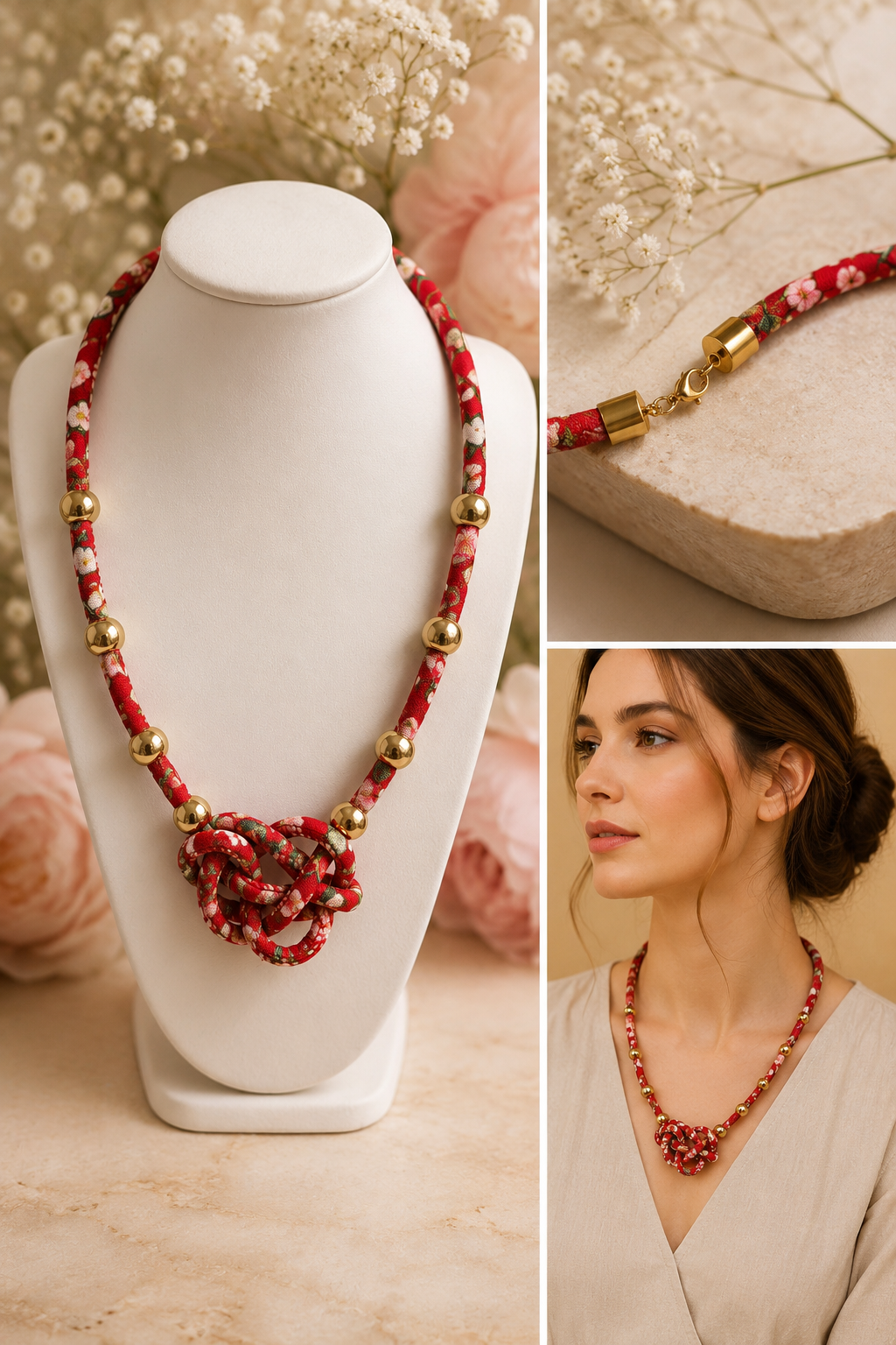Cherry Blossom Knot Necklace - gold-tone beads