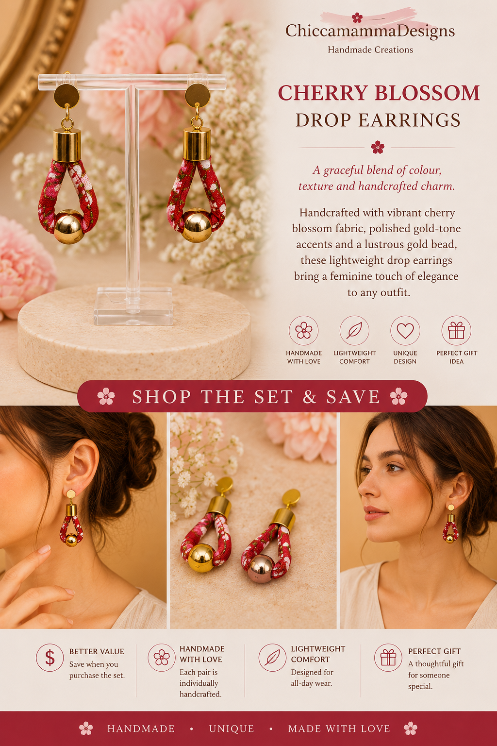 Cherry Blossom Drop Earrings - Gold