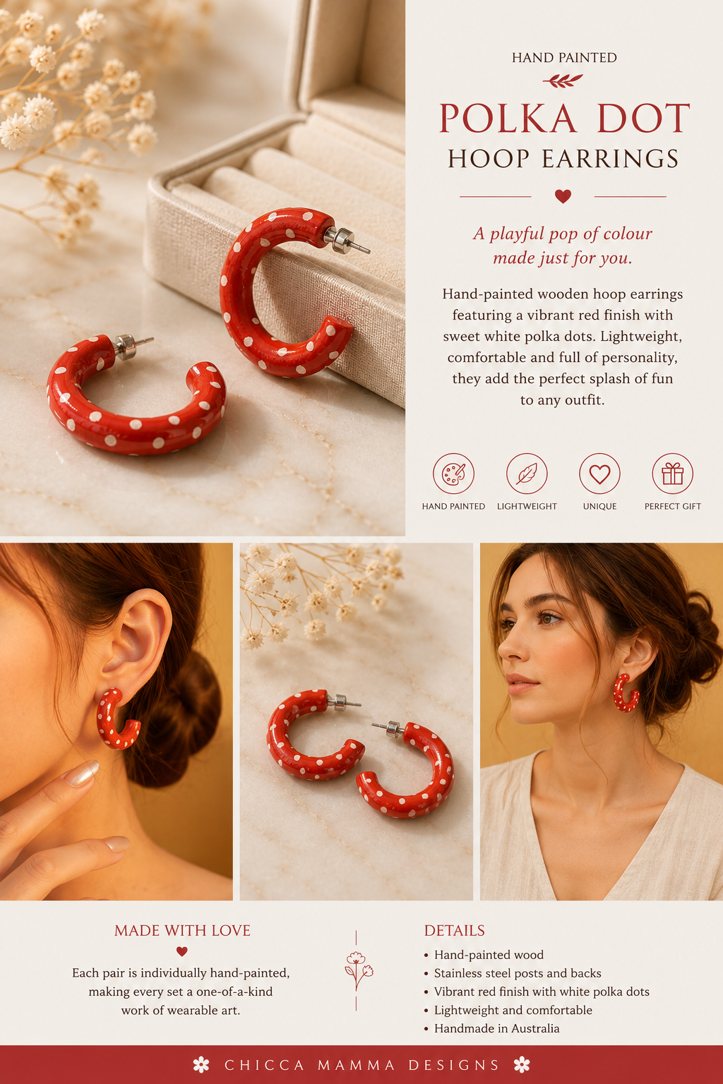 Polka dot hoop earrings - red and white