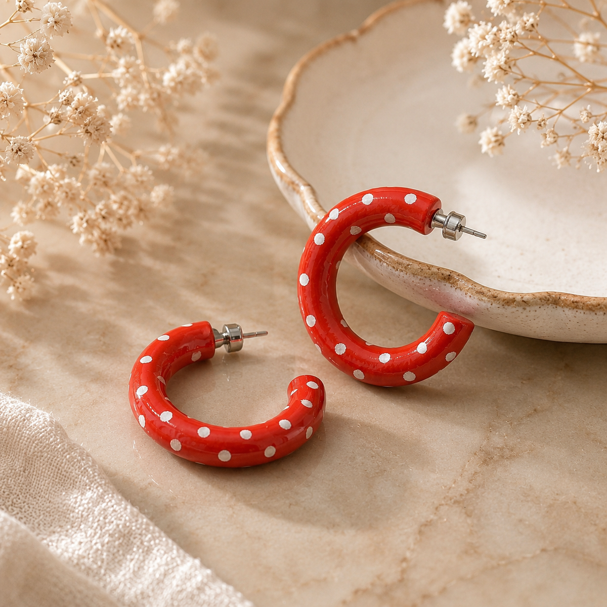 Polka dot hoop earrings - red and white