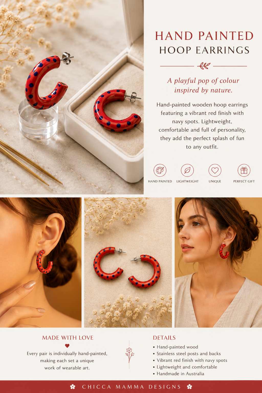 Handpainted wooden hoop earrings - red and navy