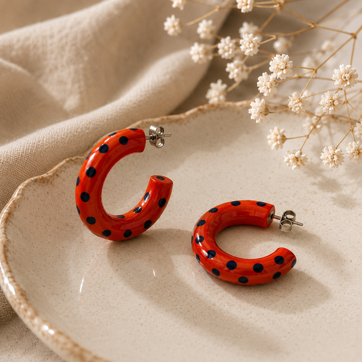 Handpainted wooden hoop earrings - red and navy