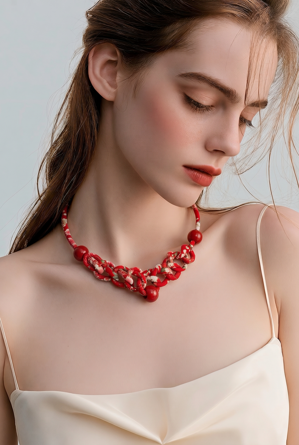 Handmade red braided statement necklace with bold beads and artistic knots. Lightweight, vibrant, and designed to add instant personality to any outfit.