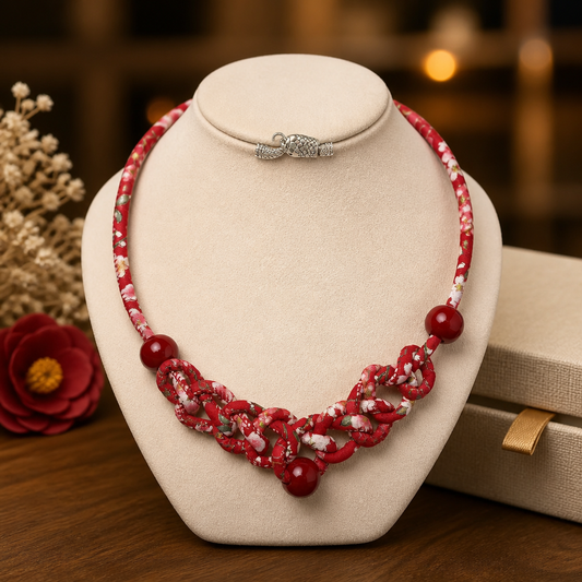 Handmade red braided statement necklace with bold beads and artistic knots. Lightweight, vibrant, and designed to add instant personality to any outfit.