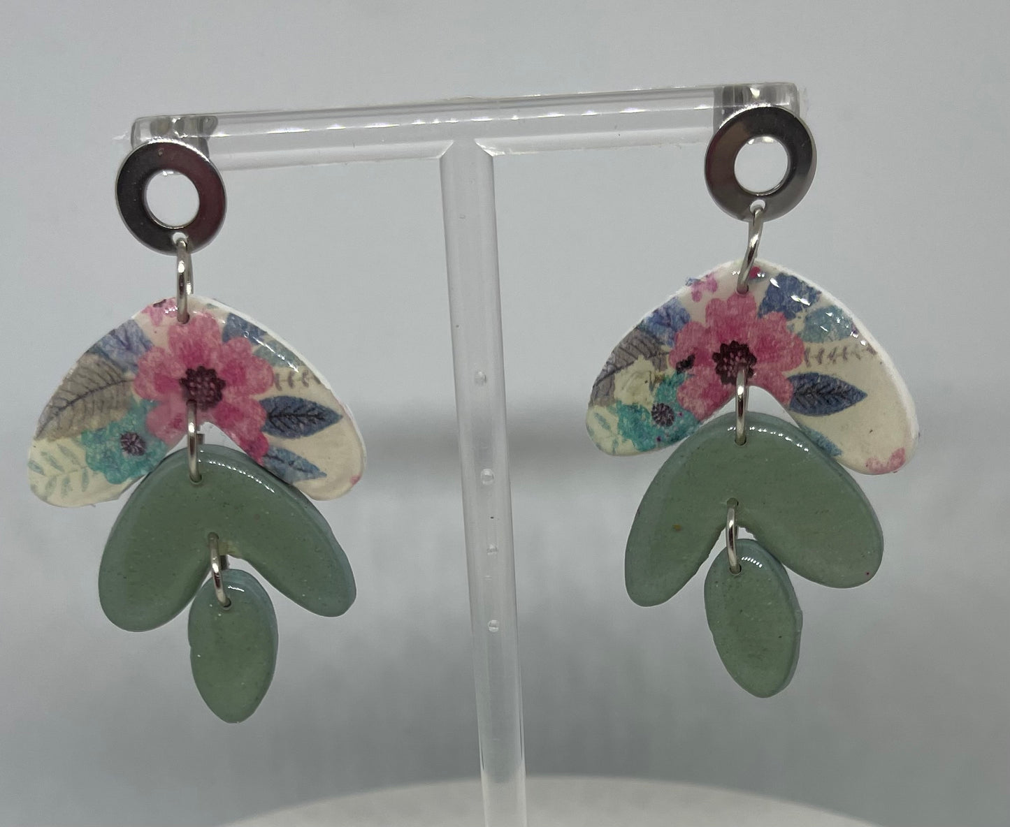 pink floral and green dangle earrings