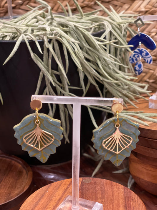 Green and gold leaf earrings