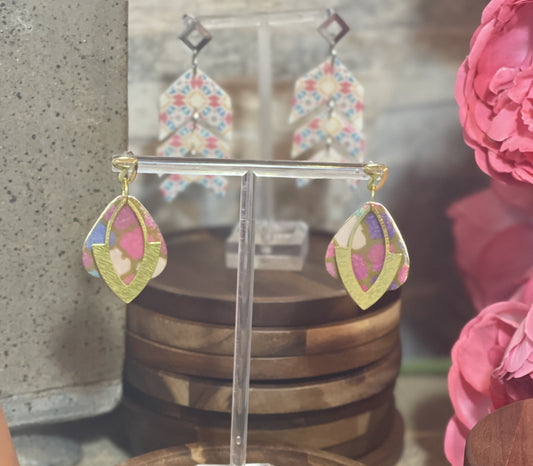 pink print and gold dangle earrings