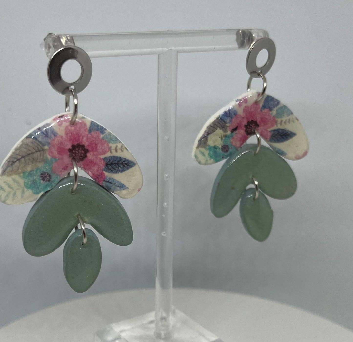 pink floral and green dangle earrings