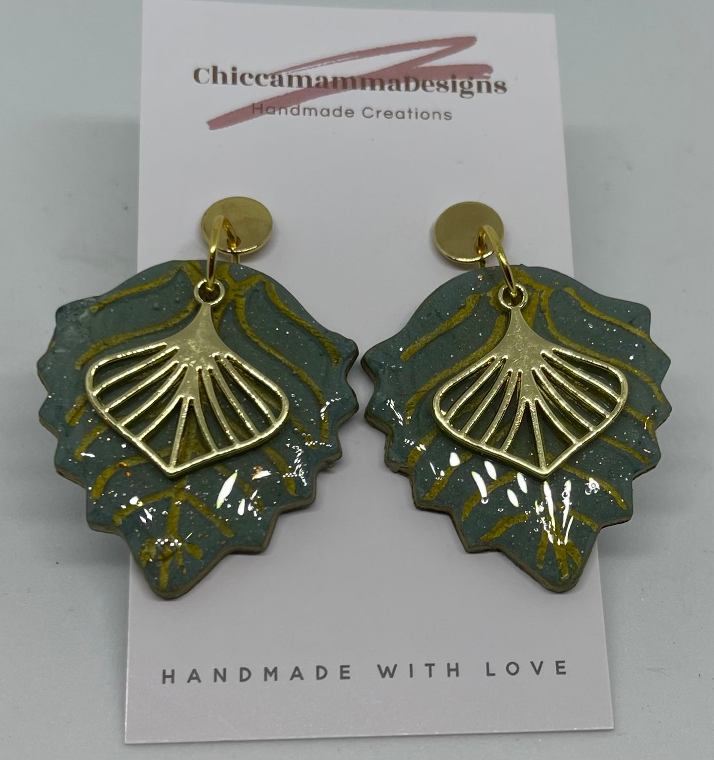 Green and gold leaf earrings