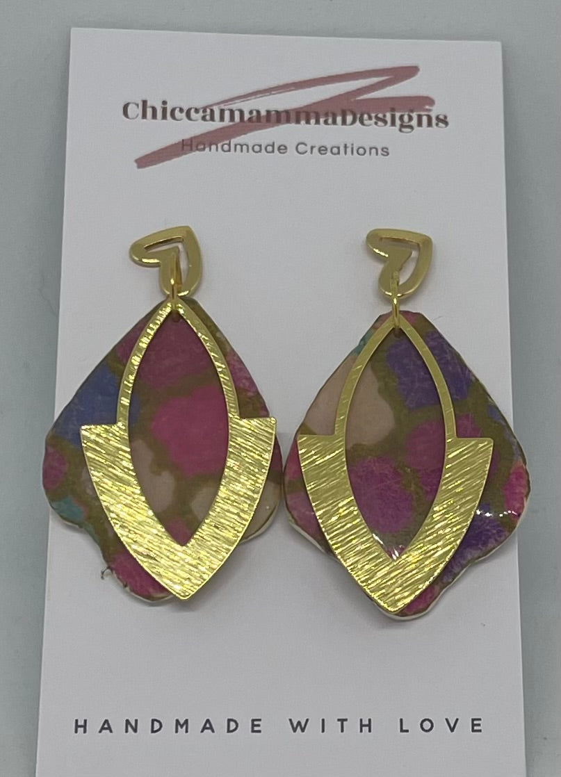 pink print and gold dangle earrings