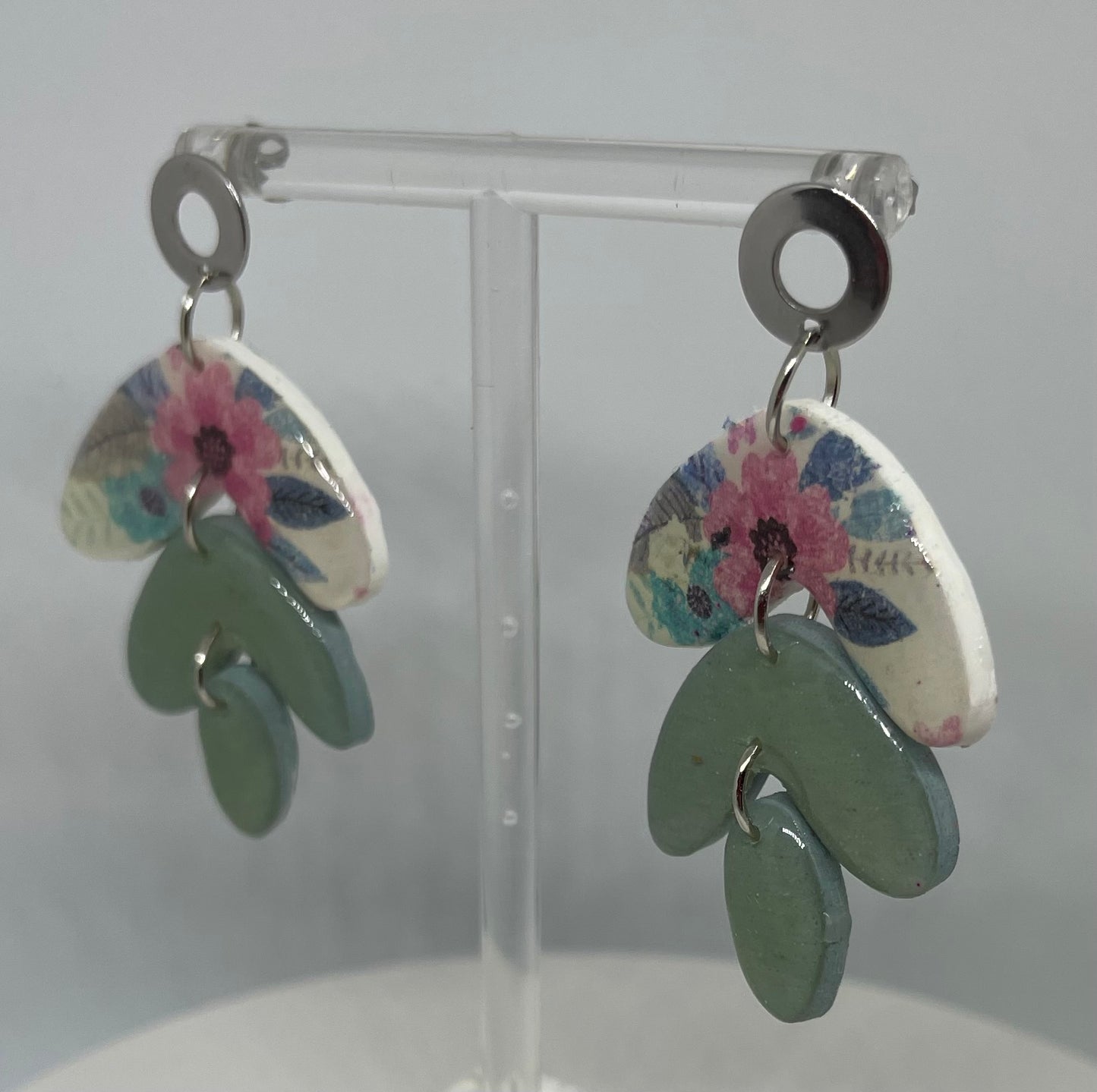 pink floral and green dangle earrings