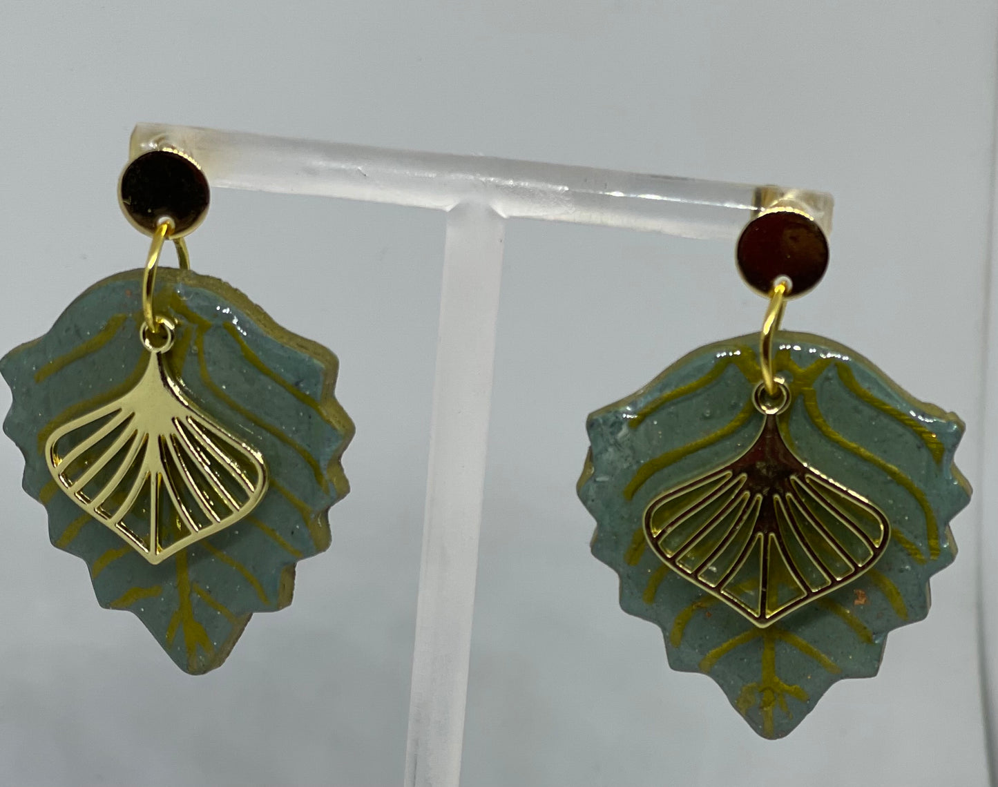 Green and gold leaf earrings