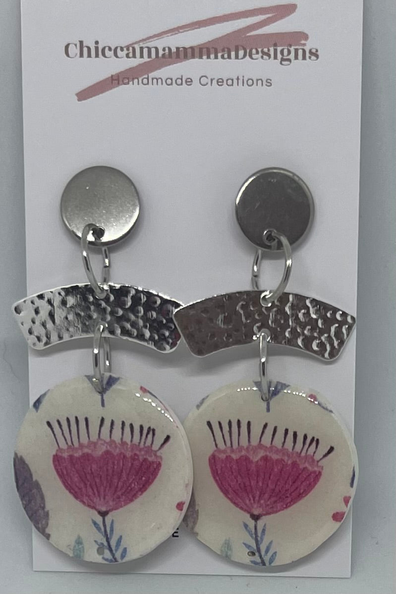 Pink and silver floral dangle earrings