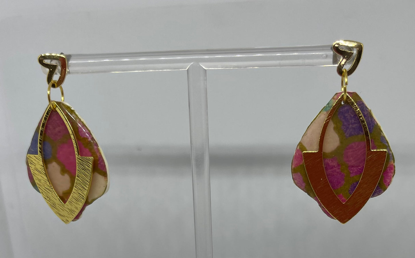 pink print and gold dangle earrings