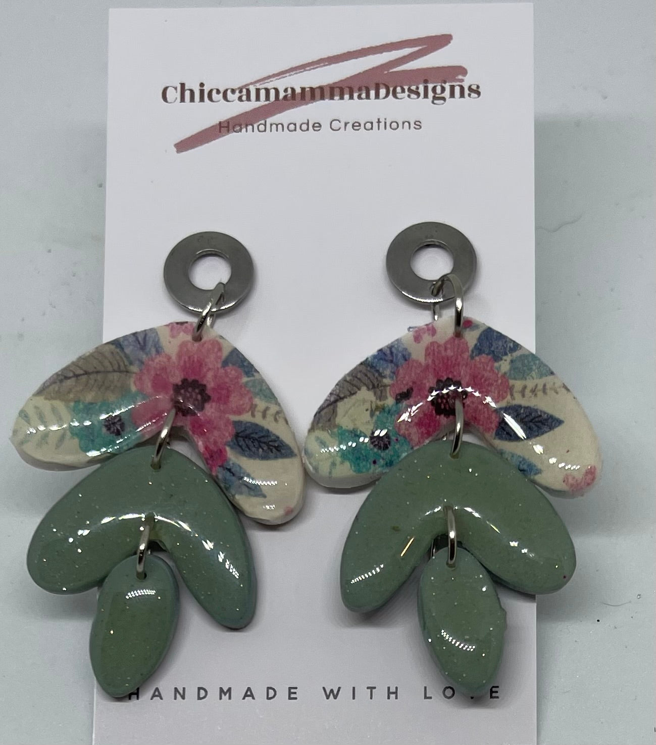 pink floral and green dangle earrings