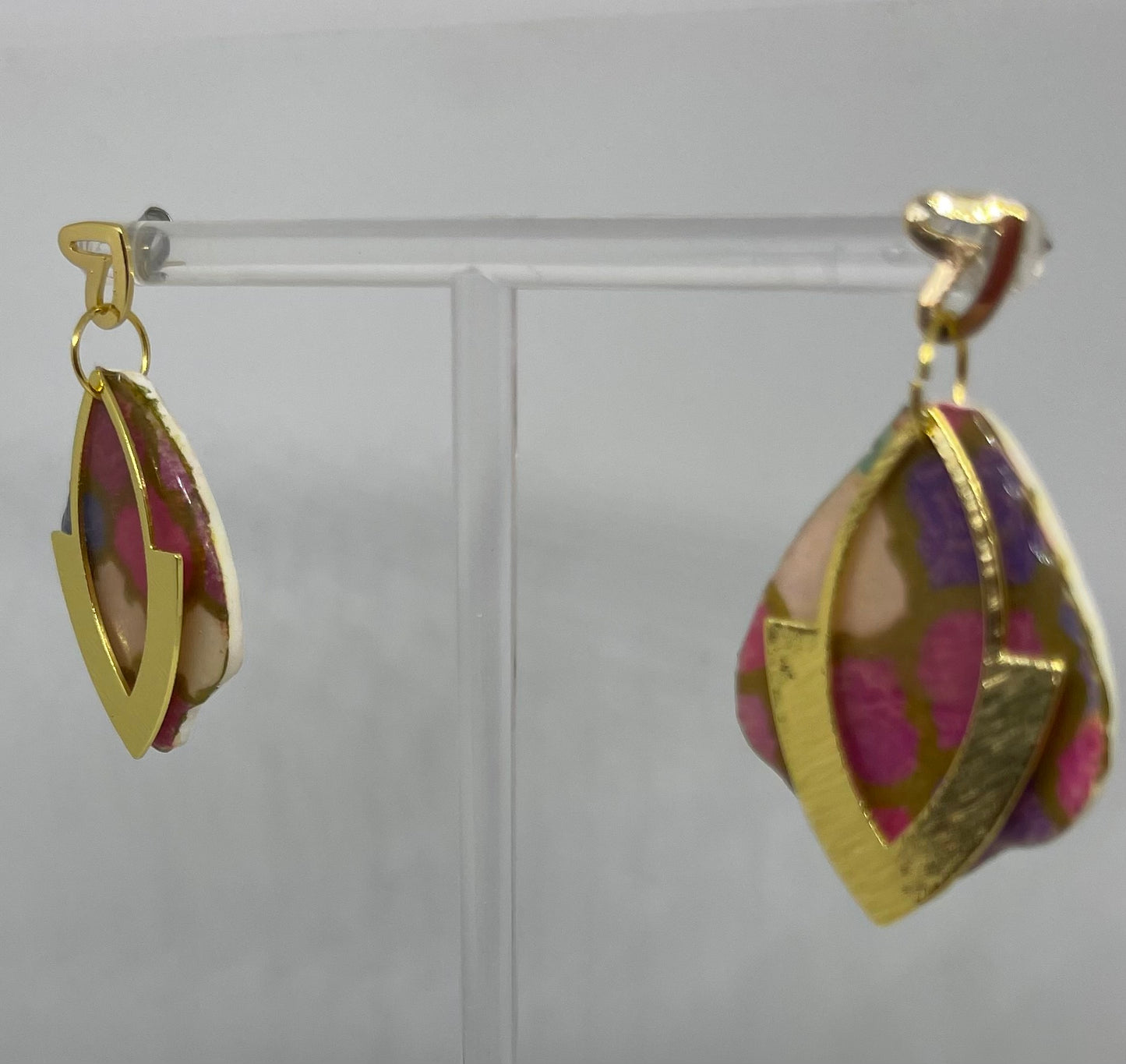 pink print and gold dangle earrings