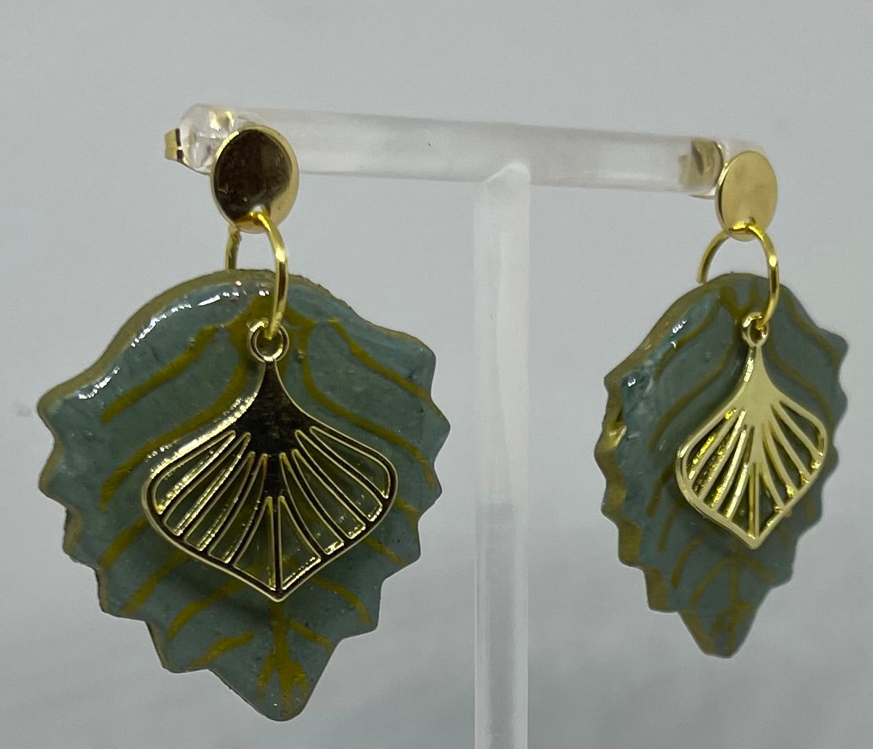 Green and gold leaf earrings