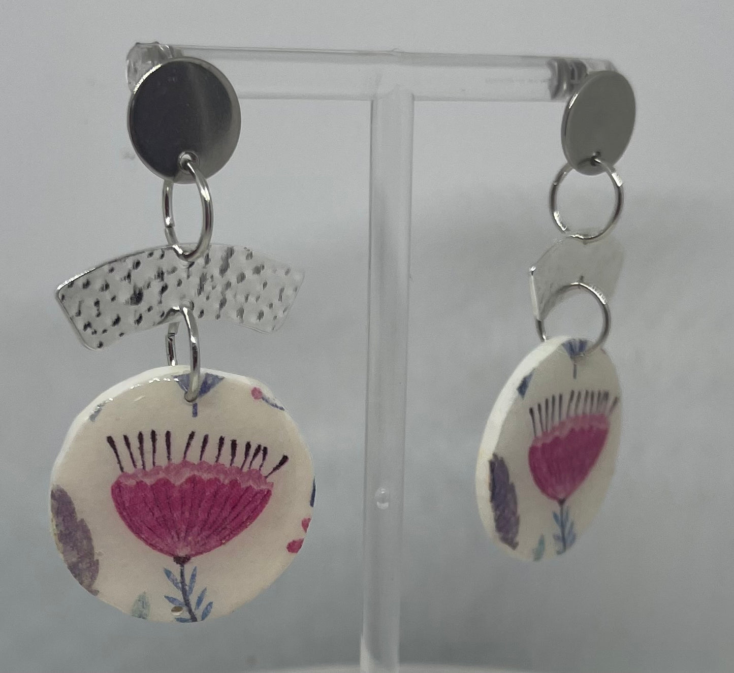 Pink and silver floral dangle earrings