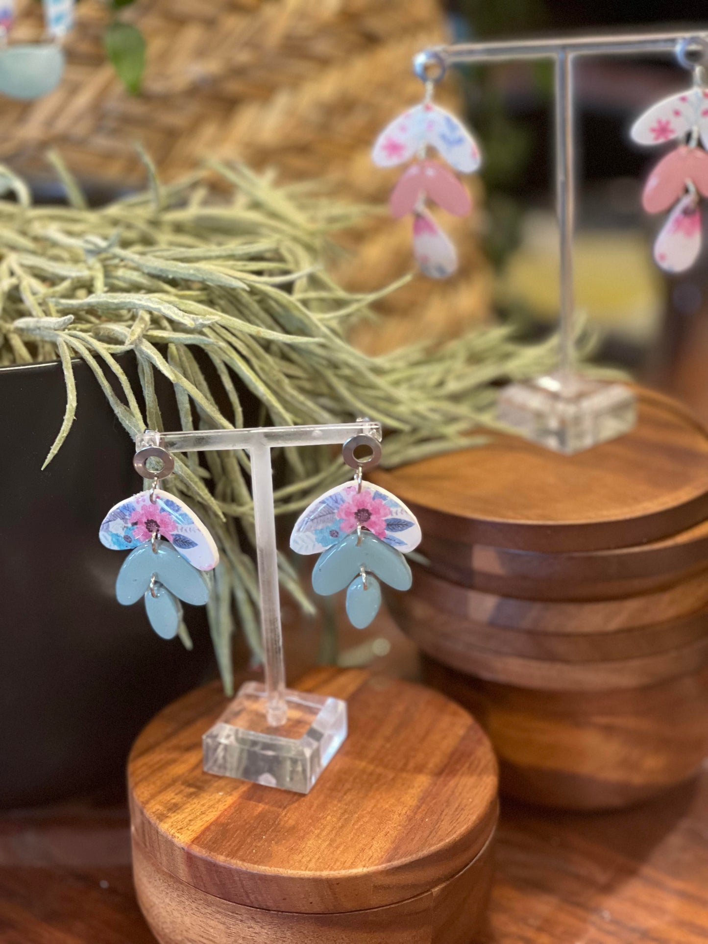 pink floral and green dangle earrings