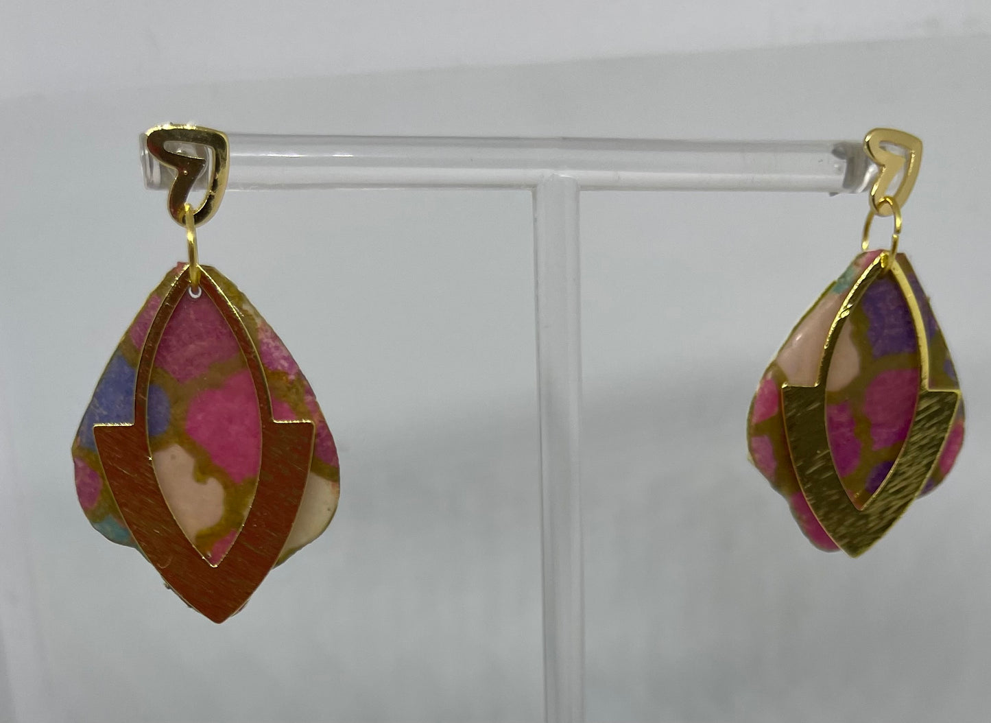 pink print and gold dangle earrings