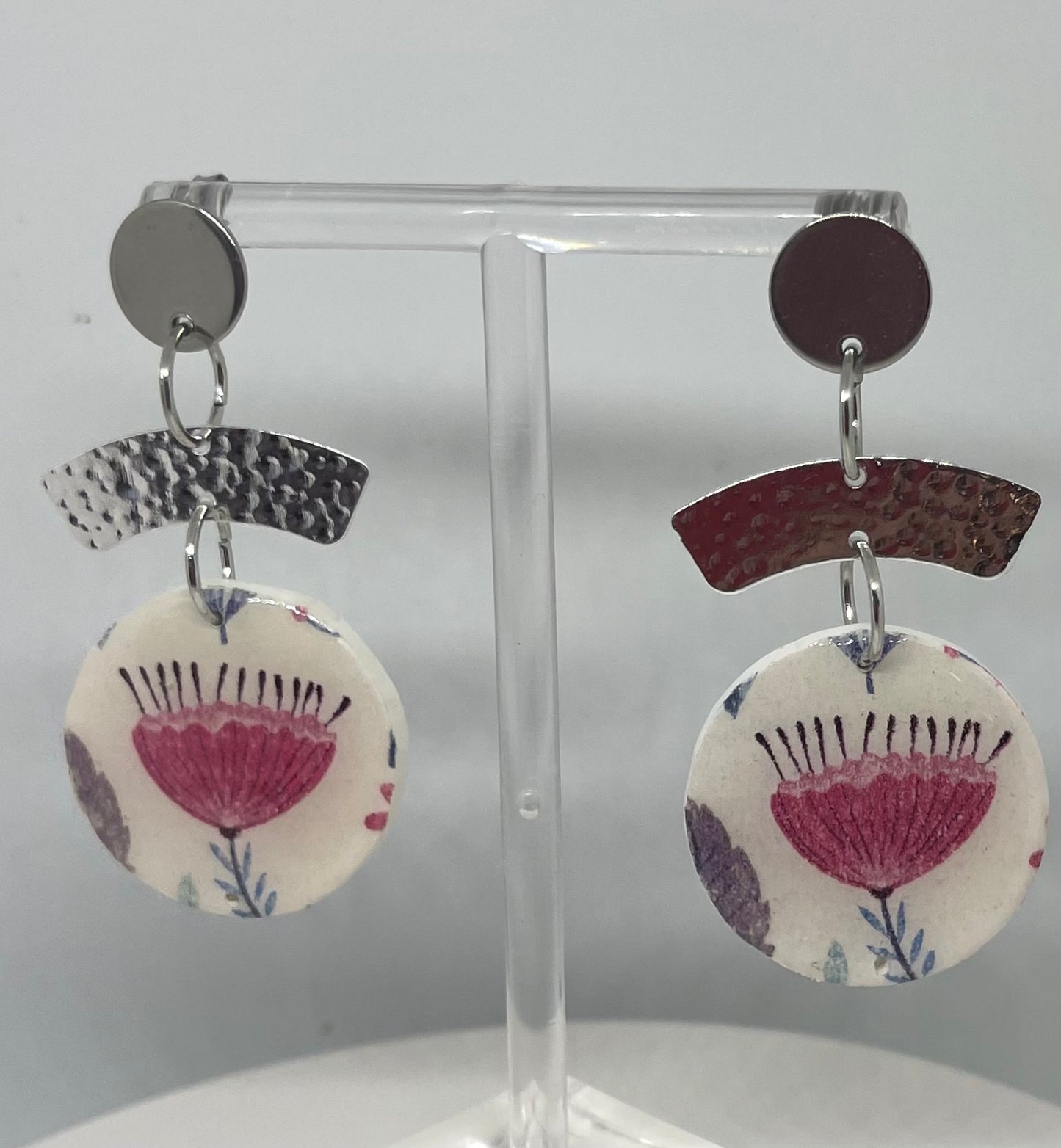 Pink and silver floral dangle earrings