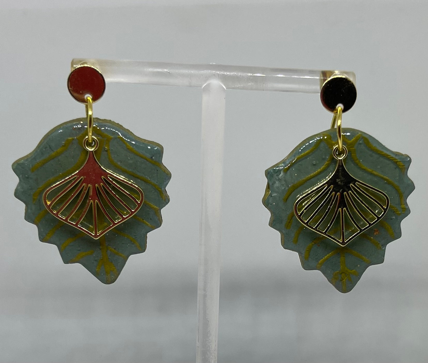 Green and gold leaf earrings