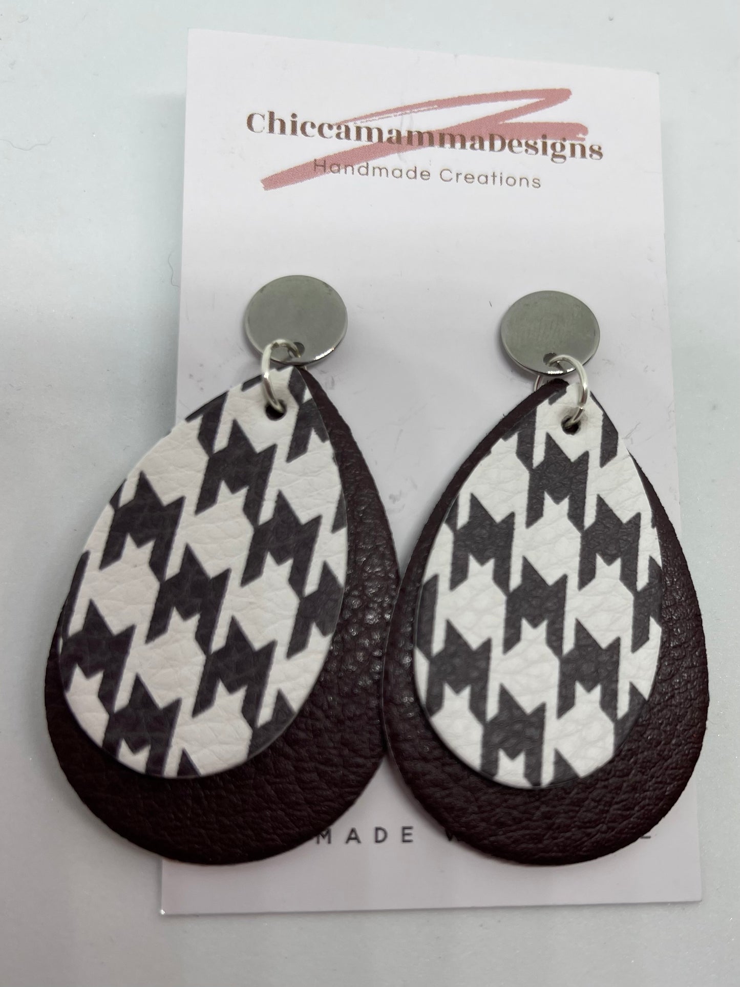 Black and White check leather earrings