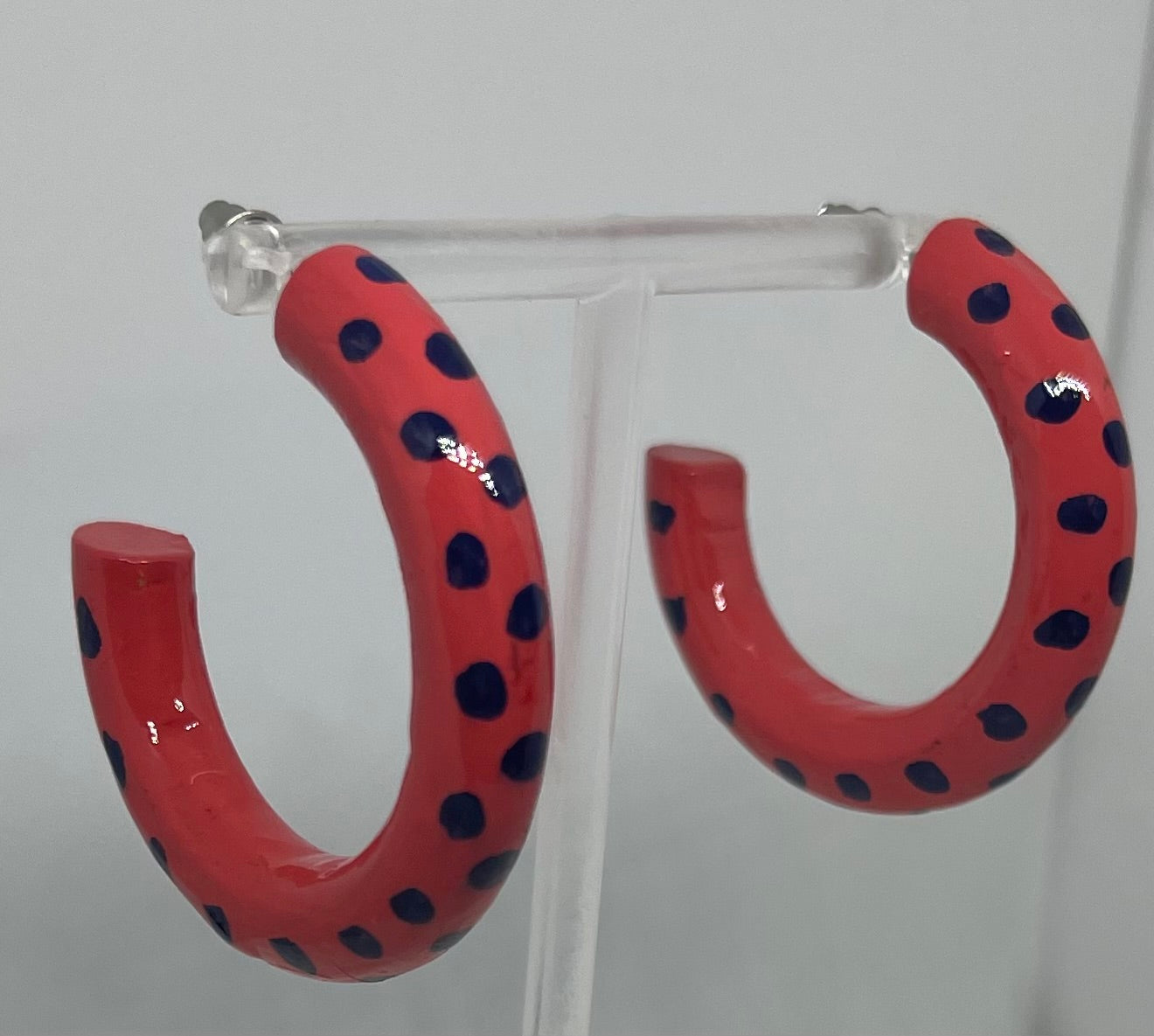 Red with navy spot hooped earrings