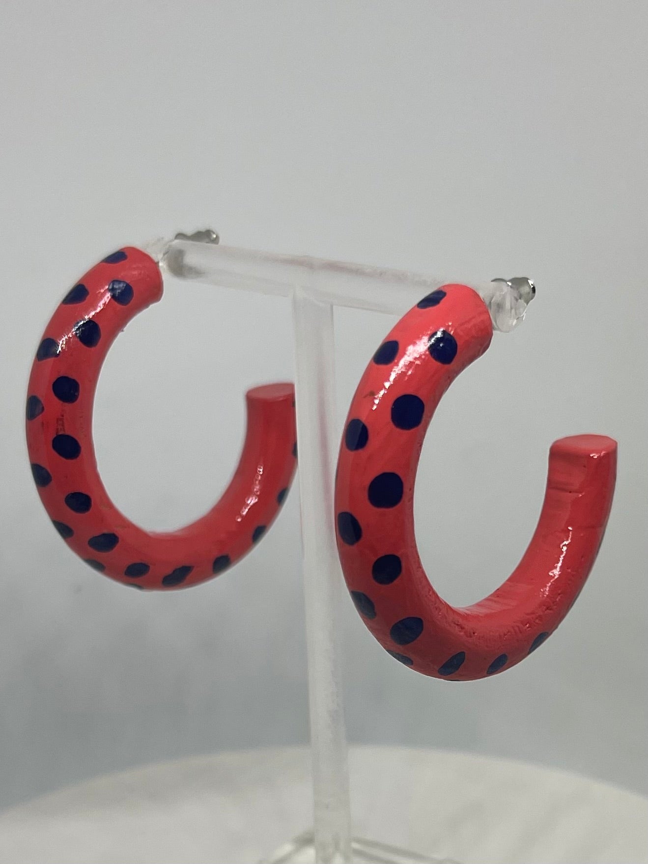 Red with navy spot hooped earrings