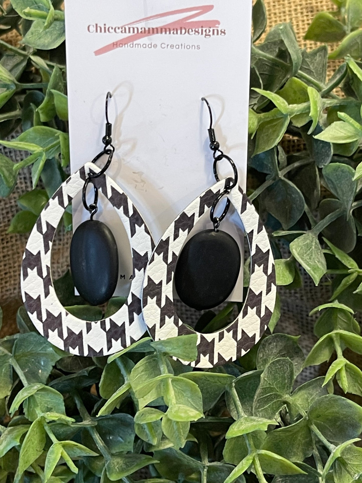 black and white printed leather and bead earrings