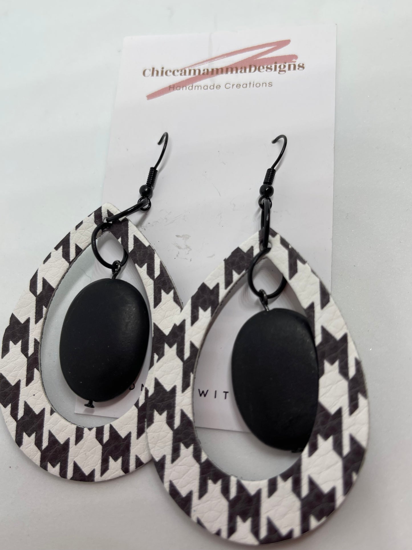 black and white printed leather and bead earrings