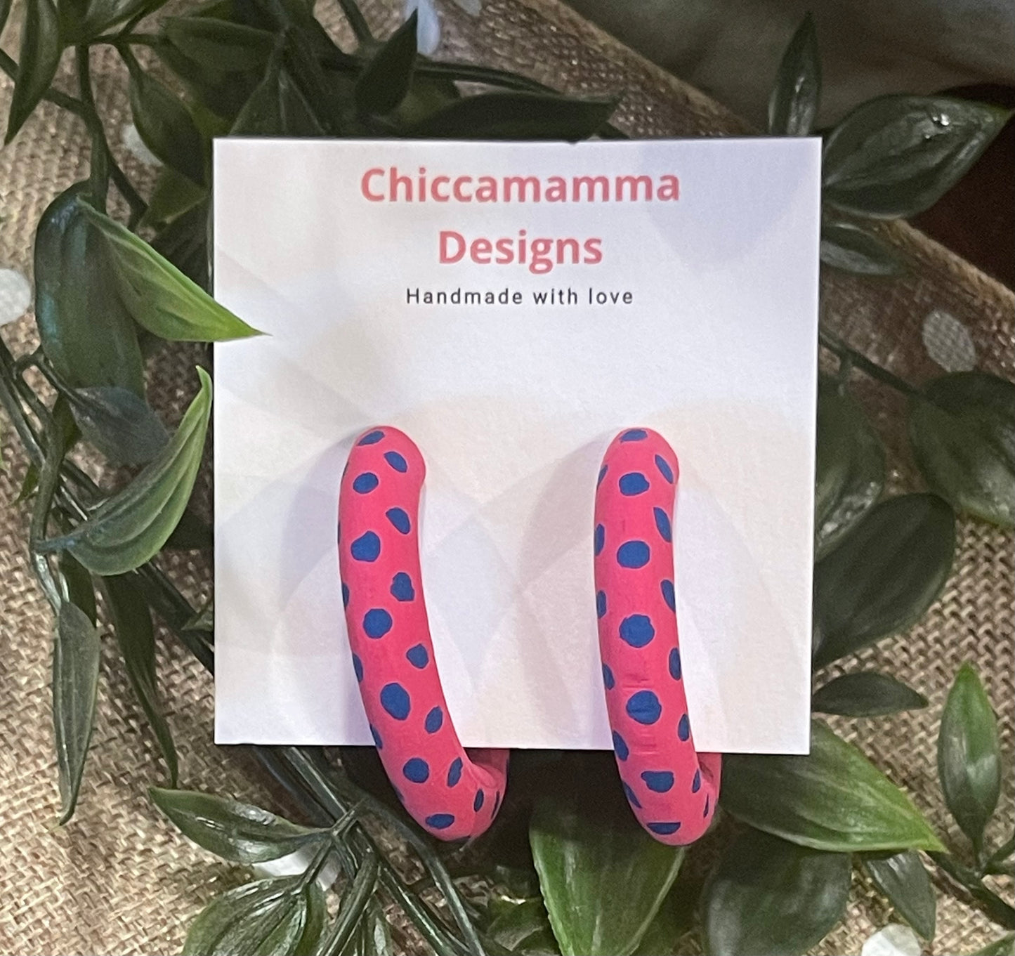 hot pink and navy spot hoop earrings