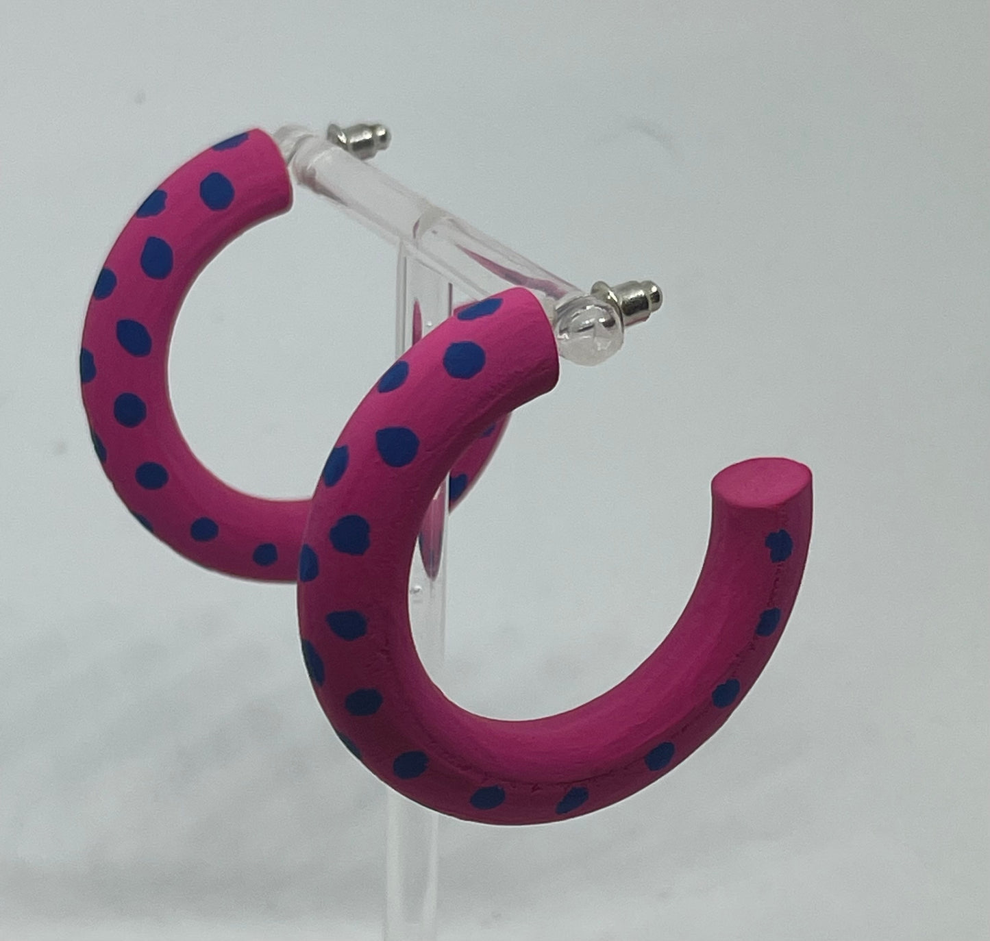 hot pink and navy spot hoop earrings